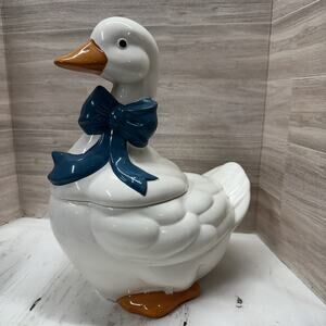 Ceramic Goose Duck Cookie Jar Vintage 80s White W/ Blue Bow